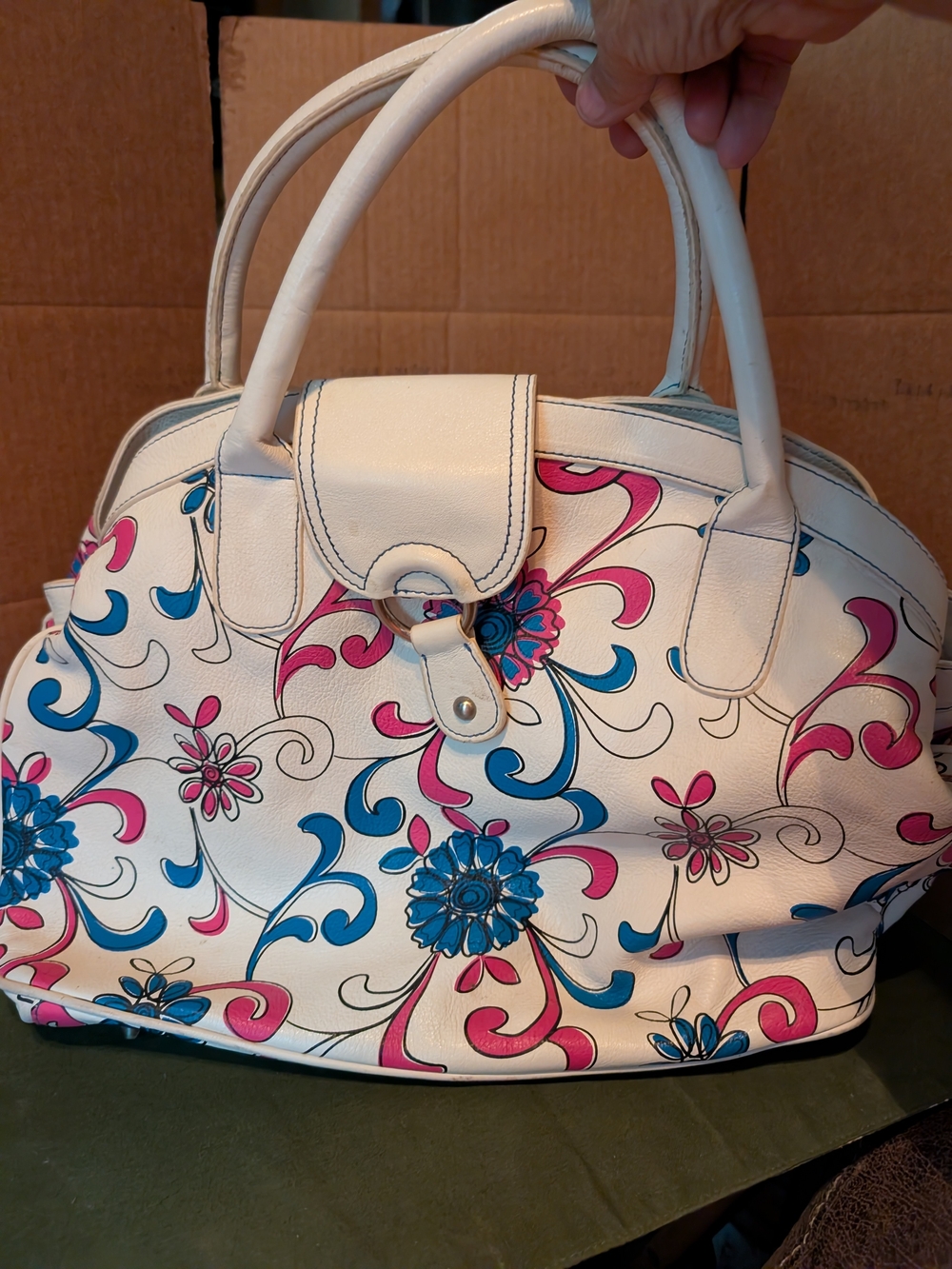 White Floral Dome Satchel Handbag with Blue and Pink Accents